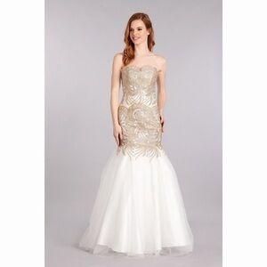 WHITE and Gold Lace Mermaid Gown 1697